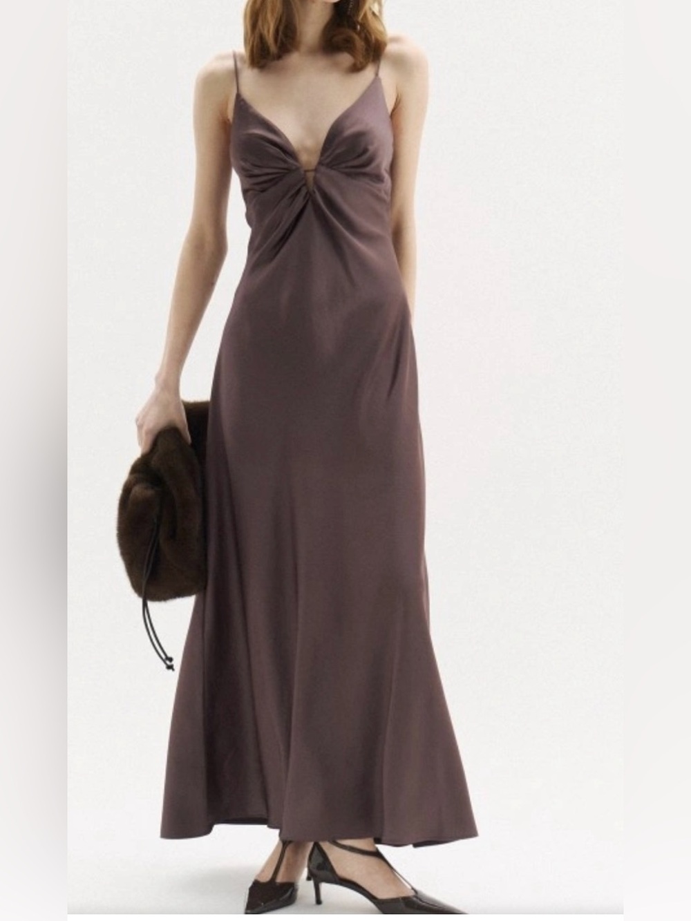 Mango Victory Satin Slip Maxi Dress Brown Taupe Cutout NWT US 12